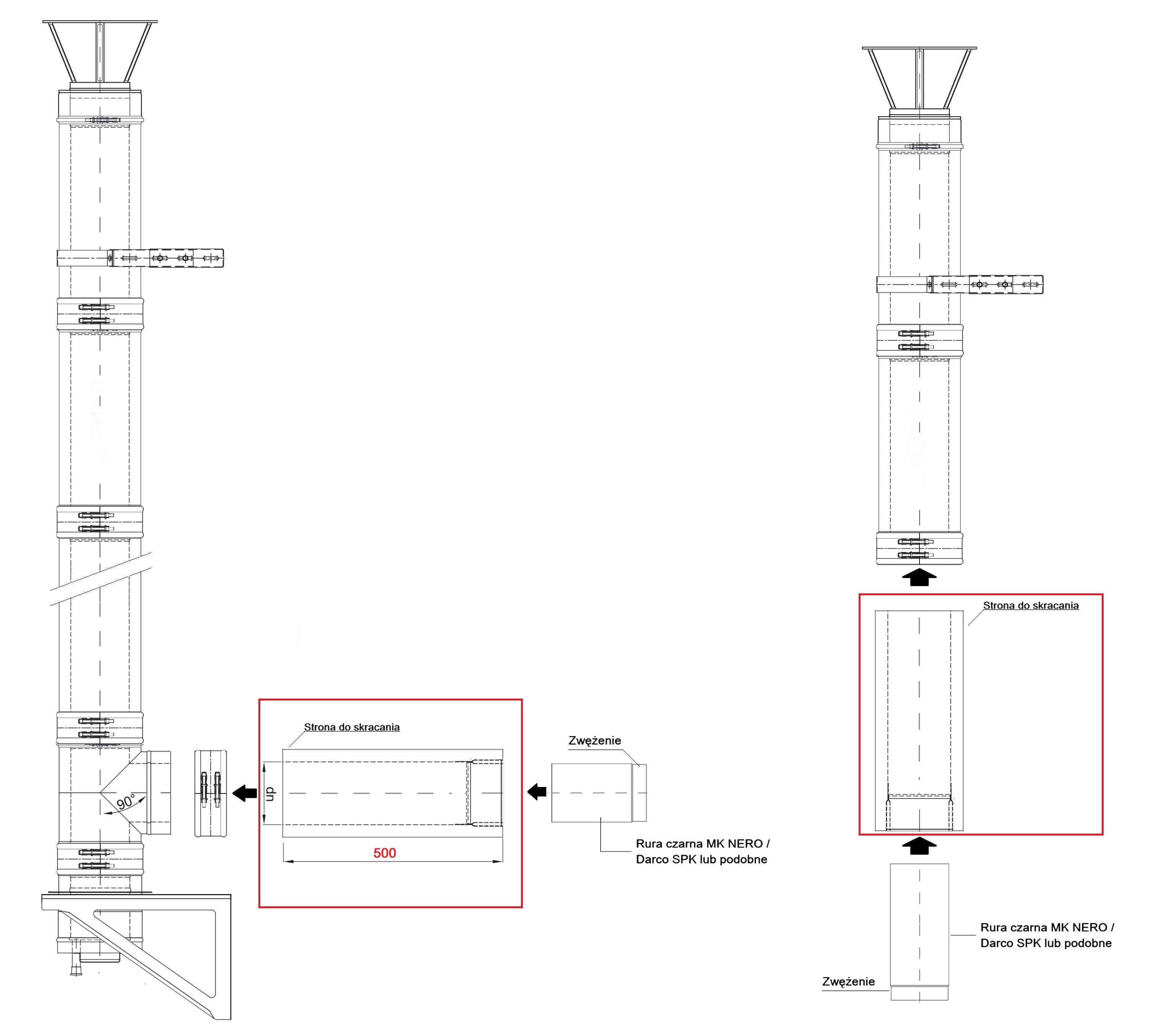 Schemat zastosowani rury MKD ATO łącznie z rurą czarną MK NERO lub Darco